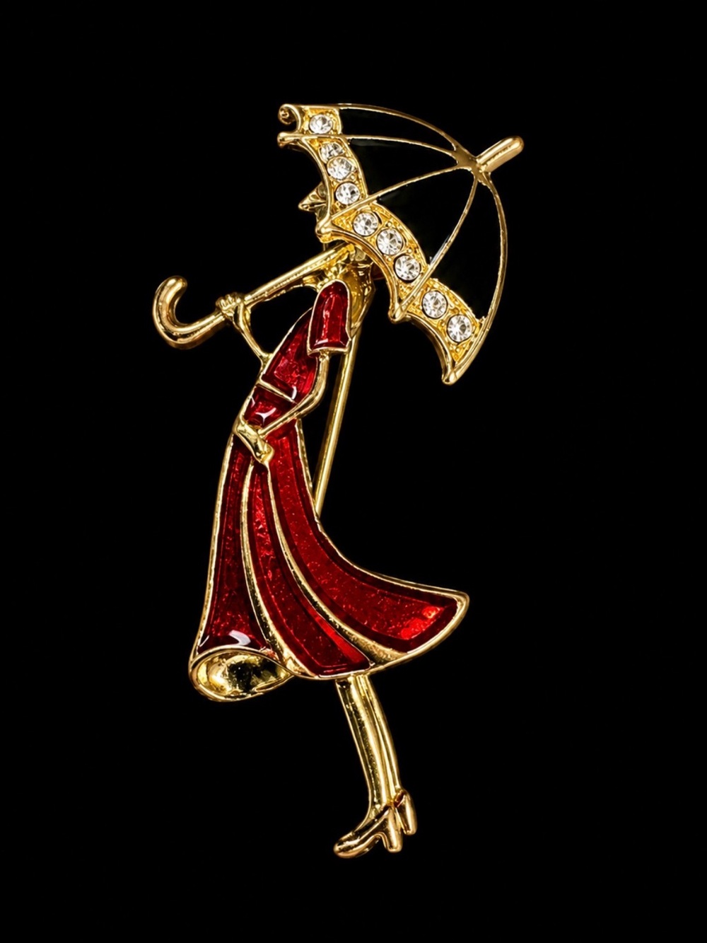 Gold-tone Lady with Umbrella Red Enamel Brooch